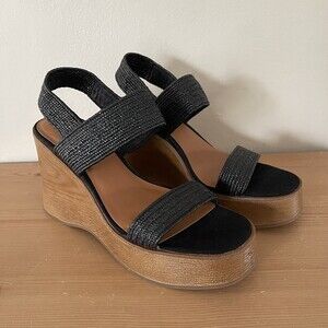 Lucky Brand Y2K Black Boho Platform Sandals 9 Wooden Wedge Woven Slingback Strap